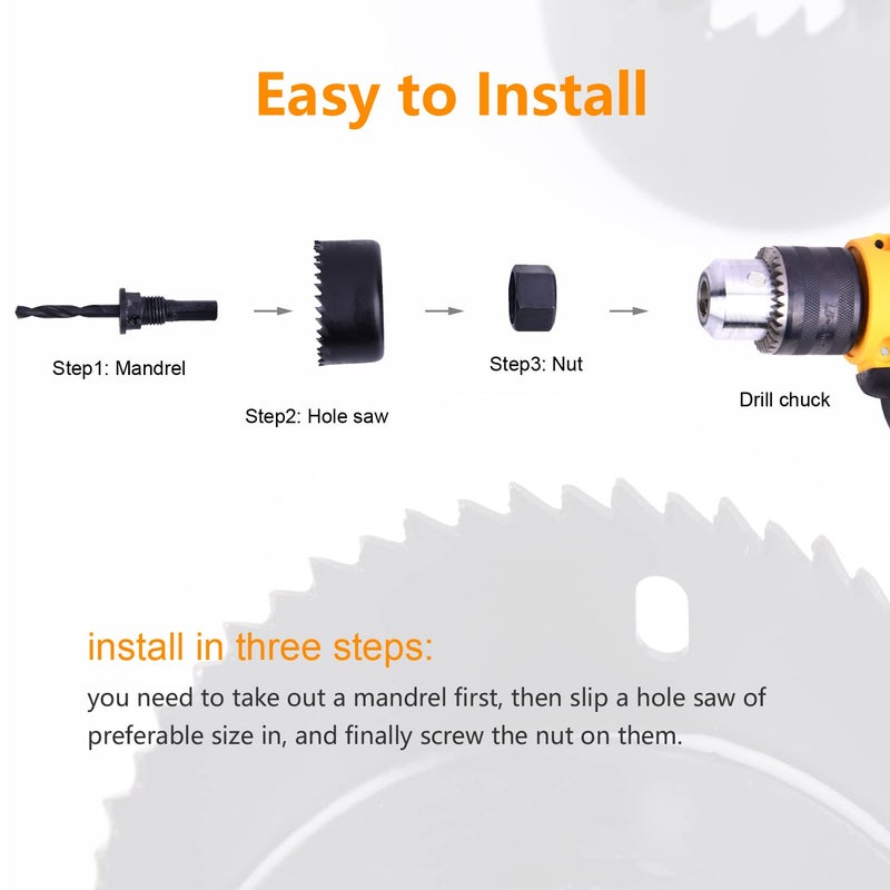 SUNGATOR Hole Saw Set, 7-Piece Hole Saw Kit. 1-1/4"", 1-1/2"", 2"", and 2-1/8"" Hole Saw Drill Bit for Wood, Plastic, PVC and Drywall with Arbor, Allen Key and Extra Bit, Carbon Steel - Image 5